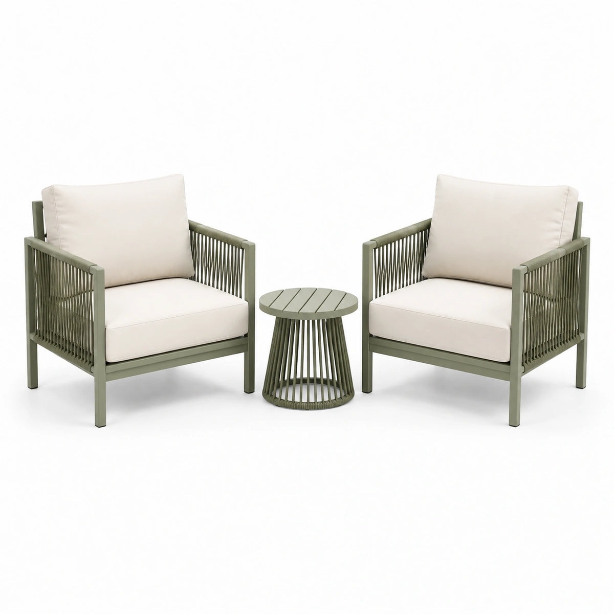 3-teiliges Gartenmöbel-Set mit 2 Sesseln und rundem Beistelltisch, Olivgrün/Creme, Sessel 70 x 75 x 78 cm, Tisch 45 x 45 cm