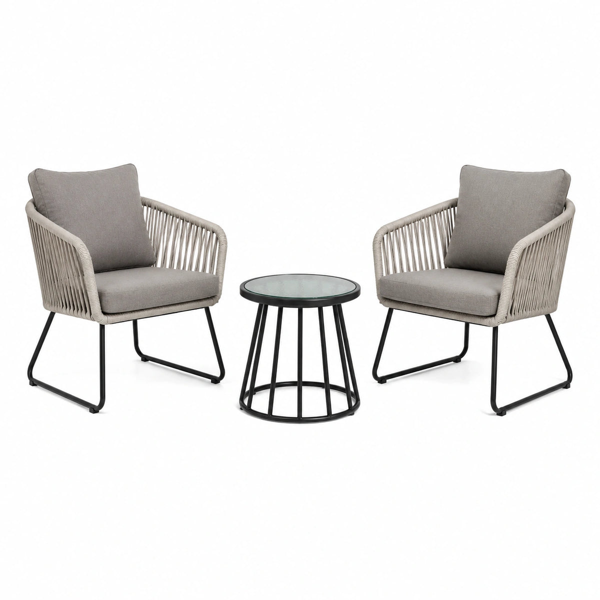 3-teiliges Gartenmöbel-Set Grau/Schwarz mit 2 Seilsesseln und Glastisch, Sessel 70 × 70 × 78 cm, Tisch 50 × 50 × 45 cm