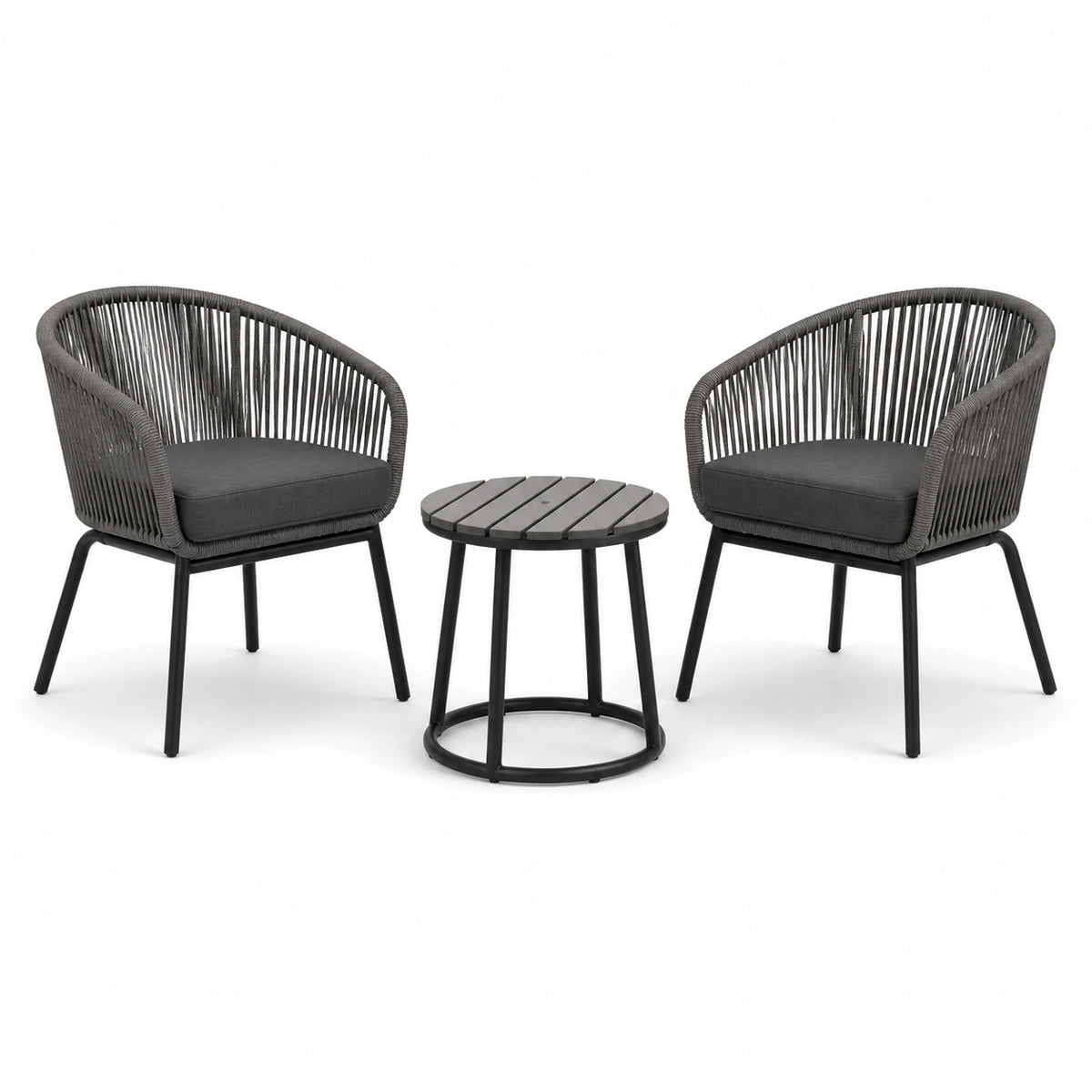 3-teiliges Garten-Loungeset Grau/Schwarz mit 2 Sesseln und rundem Tisch, Sessel 65 × 62 × 78 cm, Tisch Ø 50 × 50 cm