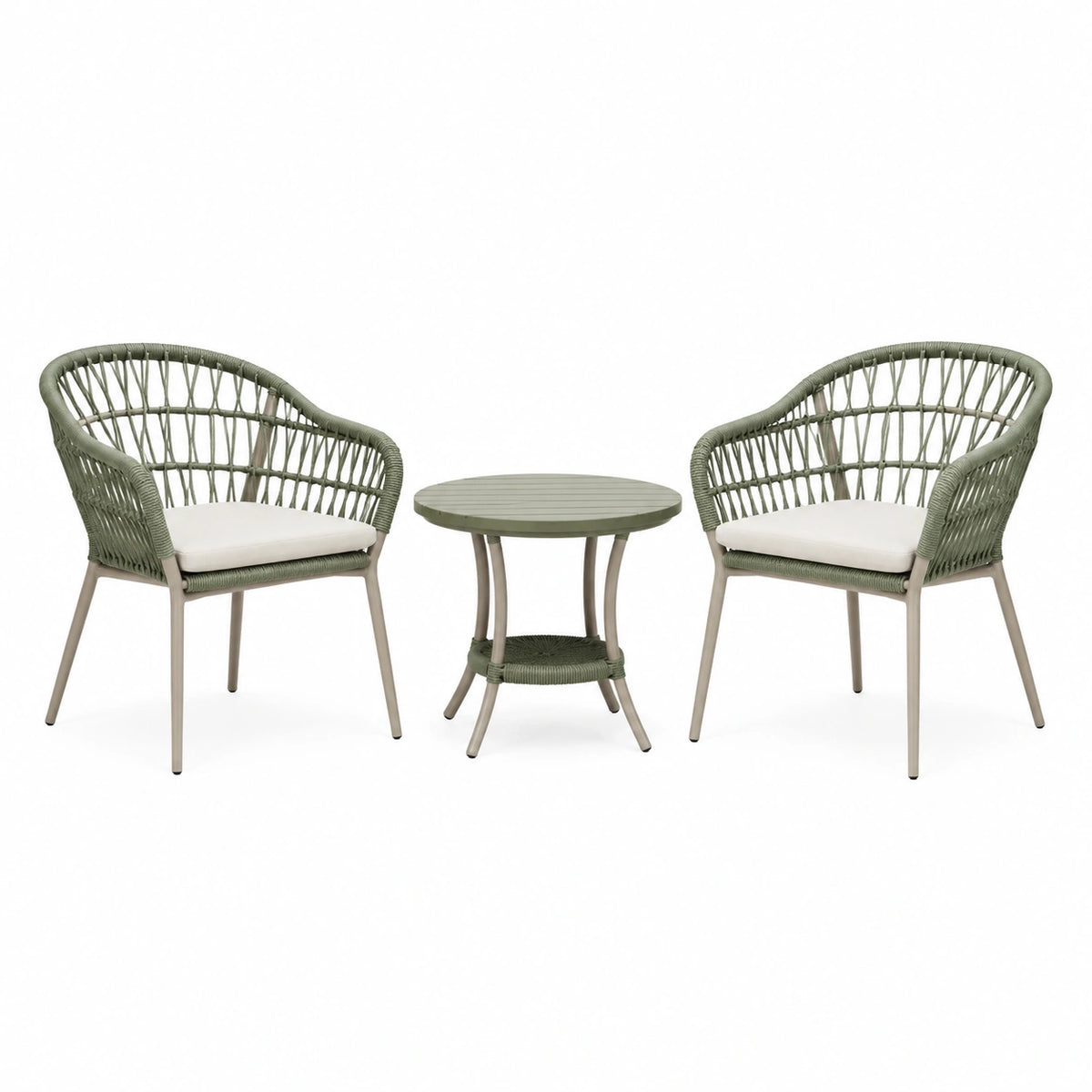 3-teiliges Balkon- und Terrassenset mit 2 Sesseln, rundem Tisch und Sitzauflagen, Grün/Beige/Weiß, Sessel 65 × 60 × 82 cm, Tisch 60 × 60 × 72 cm