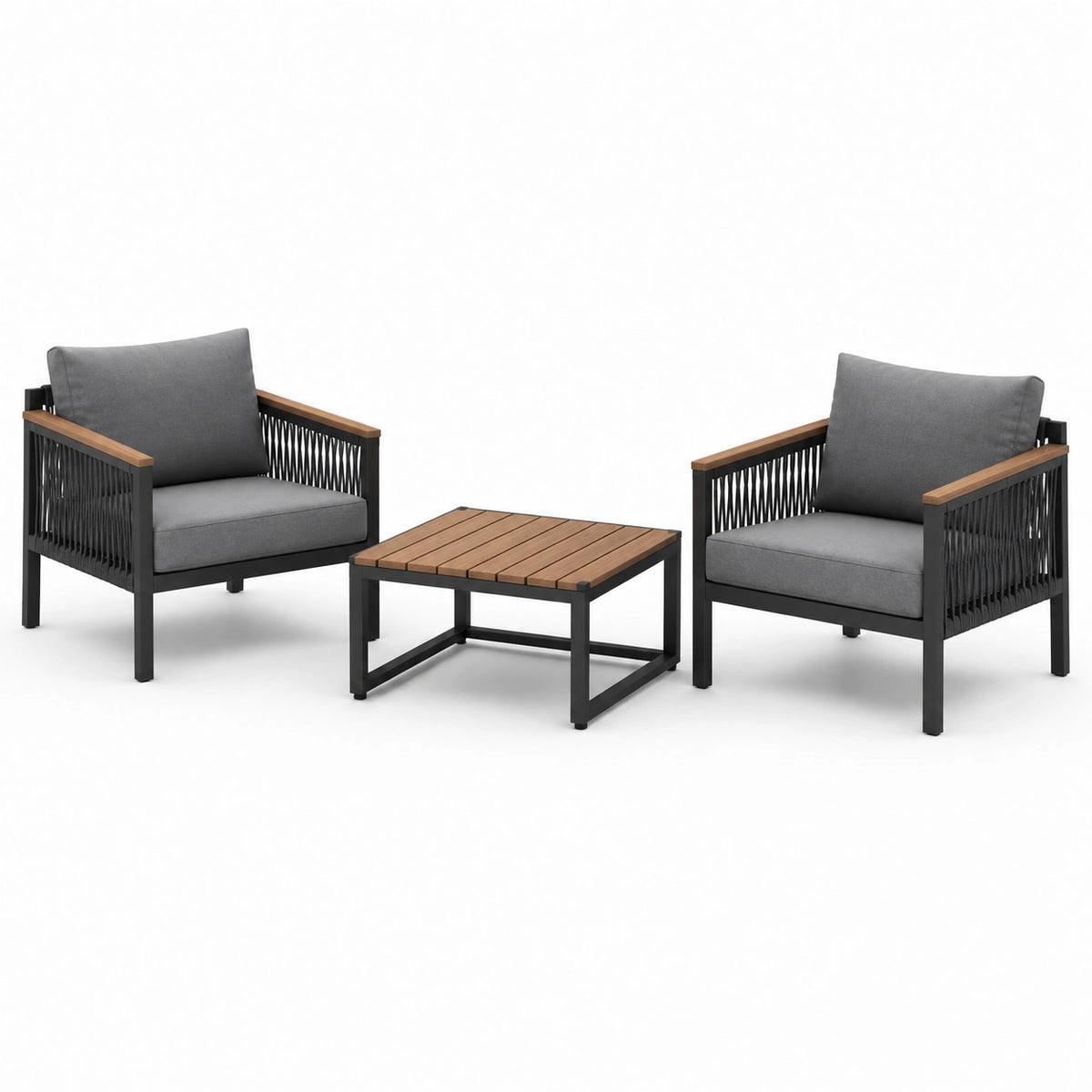 3-teiliges Outdoor-Set Schwarz/Grau/Braun mit 2 Sesseln 72 × 75 × 78 cm und Tisch 70 × 70 × 42 cm