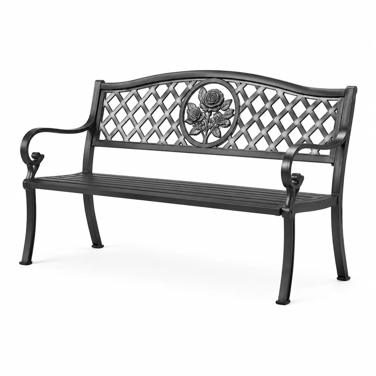 Schwarze Metall-Gartenbank mit Rosenmotiv, 125 x 58 x 85 cm