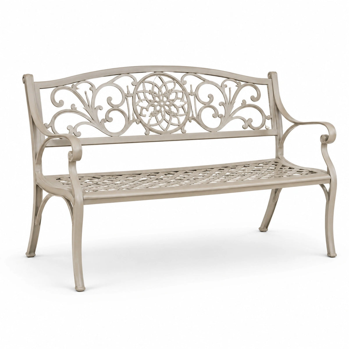 Klassische Metallbank in Creme mit Armlehnen, 122 × 61 × 92 cm