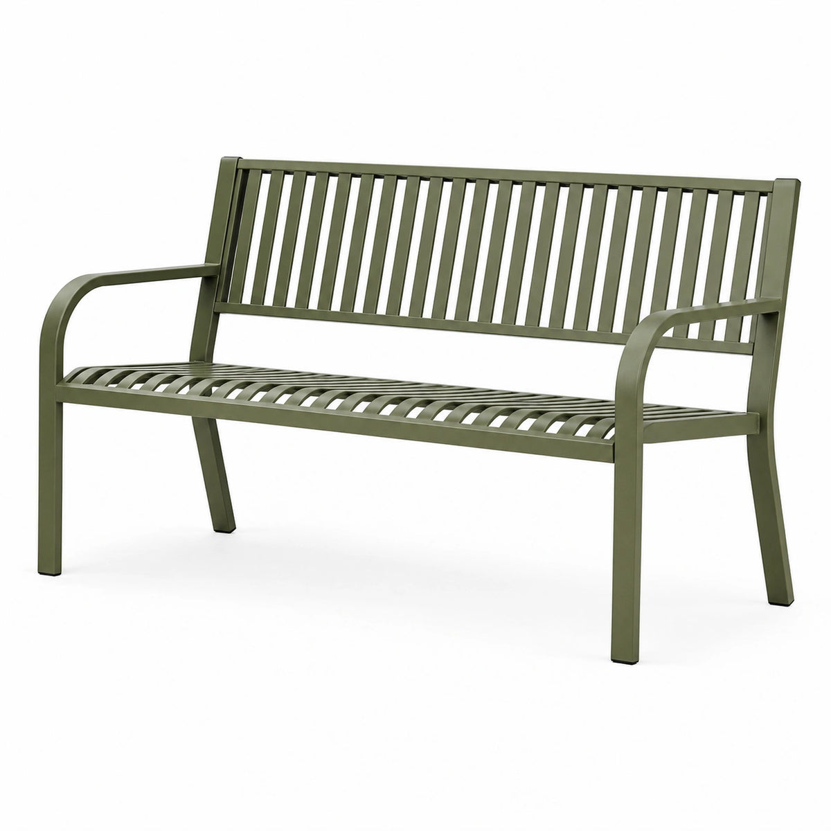 Gartenbank aus Metall in Olivgrün mit Armlehnen, 125 × 62 × 88 cm