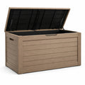 Kunststoff-Aufbewahrungsbox in Taupe/Schwarz, Holzoptik, 150 × 75 × 70 cm, mit Klappdeckel