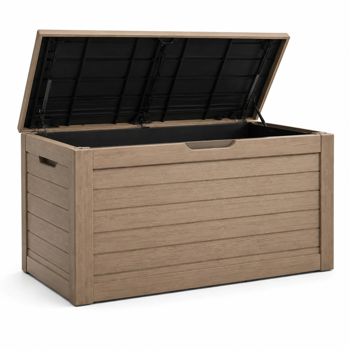 Kunststoff-Aufbewahrungsbox in Taupe/Schwarz, Holzoptik, 150 × 75 × 70 cm, mit Klappdeckel