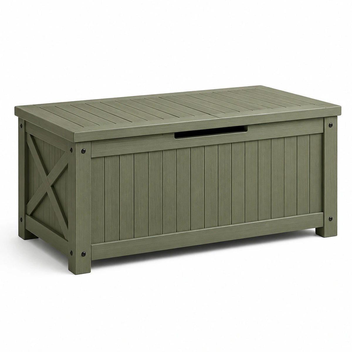 Olivgrüne Kunststoff-Aufbewahrungsbox in Holzoptik mit Deckel, 120 × 60 × 65 cm