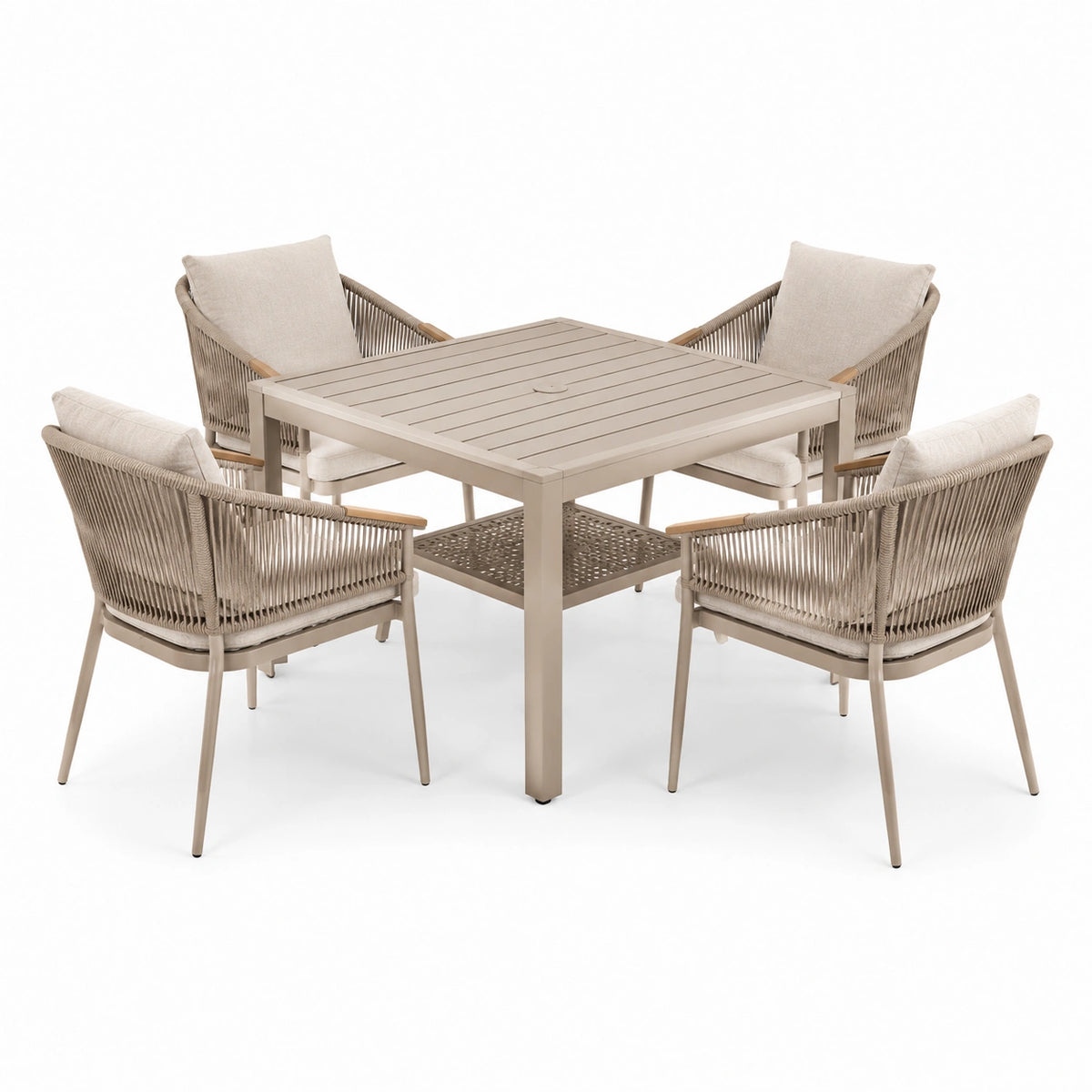 5-teiliges Gartenset aus Aluminium und Seilgeflecht in Beige/Natur, Tisch 100 × 100 × 75 cm