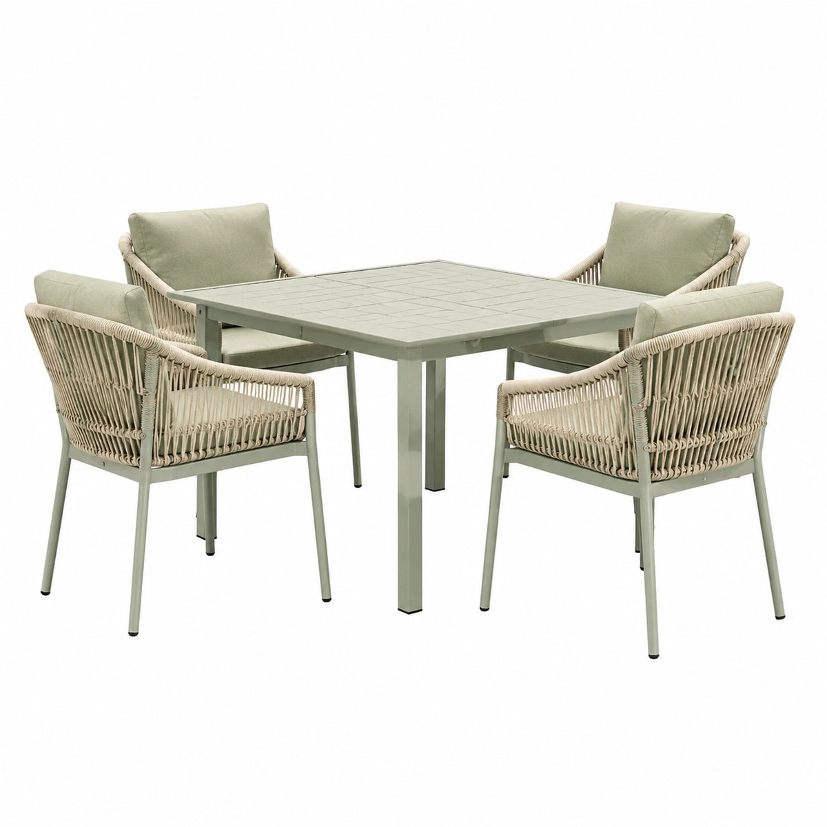 5-teiliges Gartenmöbel-Set mit 4 Armlehnstühlen und Tisch, 90 × 90 × 75 cm, Salbeigrün/Beige