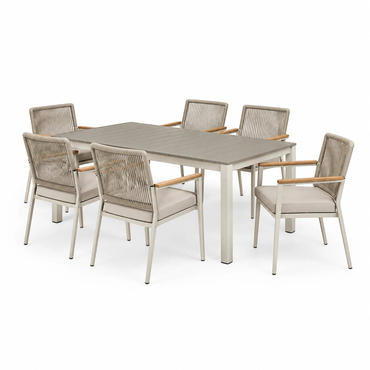 7-teiliges Garten-Esstischset Beige/Hellbraun, Tisch 200×100×75 cm mit 6 Armlehnstühlen