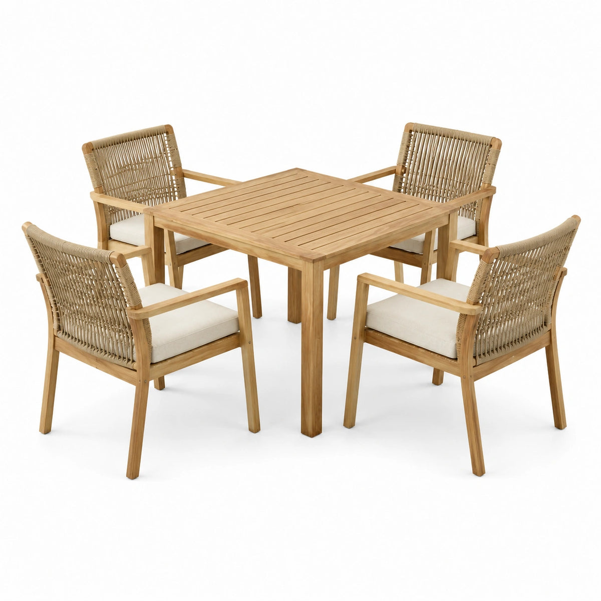5-teiliges Gartenmöbel-Set aus Holz in Natur/Beige, Tisch 90 × 90 × 75 cm, Stühle 60 × 63 × 85 cm