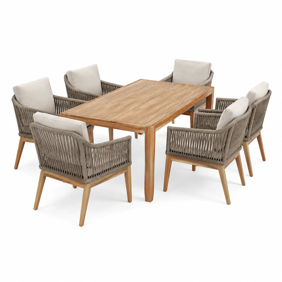 7-teiliges Set in Natur/Grau/Beige mit Tisch 200 x 100 x 75 cm und 6 Armlehnstühlen 62 x 65 x 82 cm