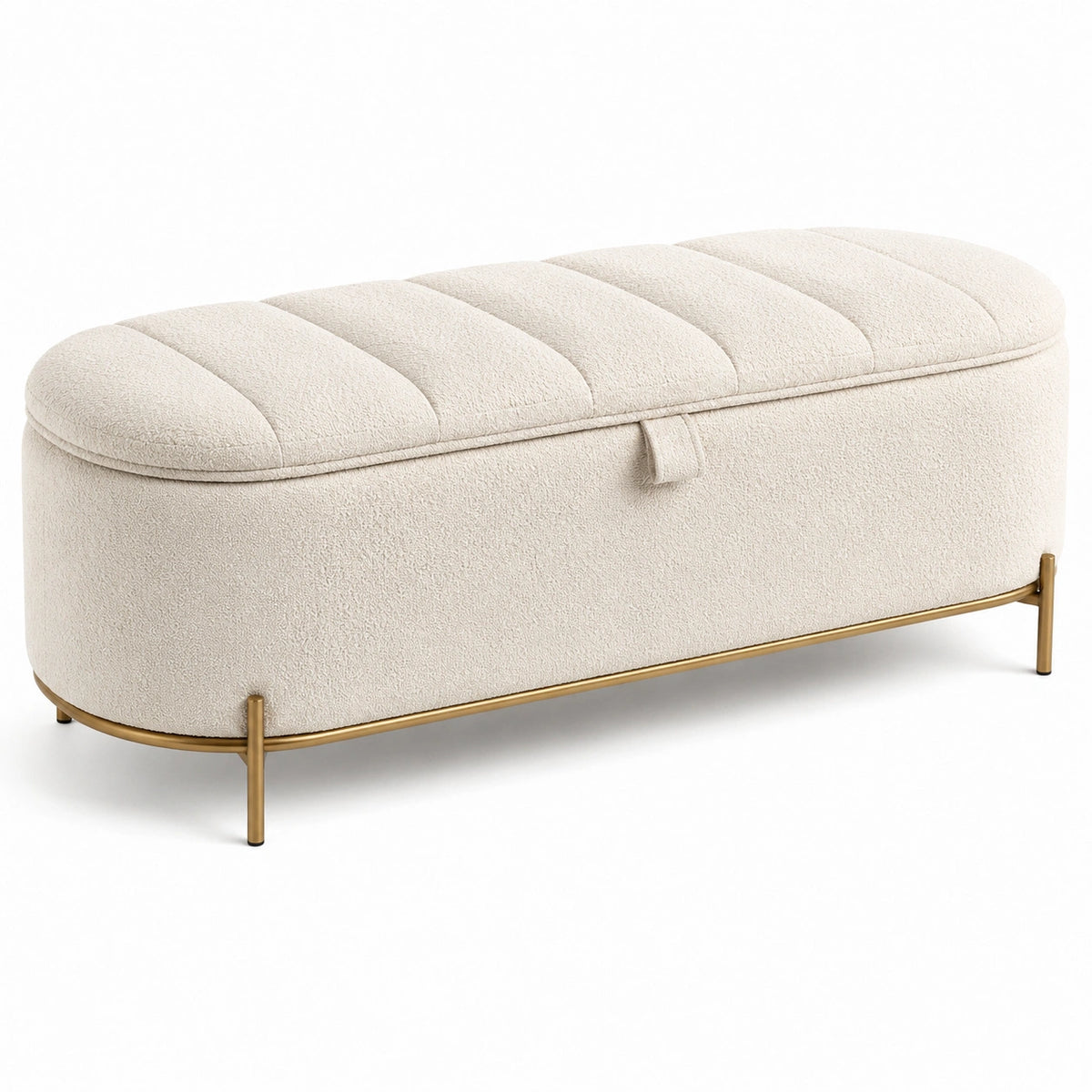Sitzbank mit Stauraum und Klappdeckel, Bouclé-Bezug in Creme/Gold, 110 × 45 × 48 cm