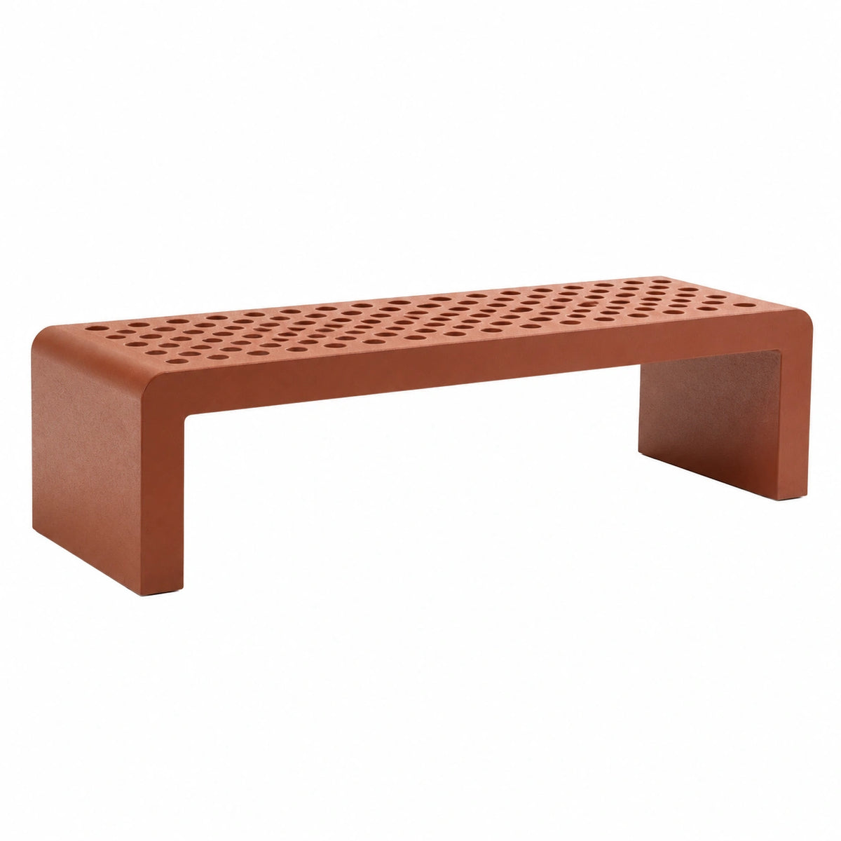 Moderne Metall-Gartenbank in Terrakotta, 120 × 40 × 45 cm, perforierte Sitzfläche