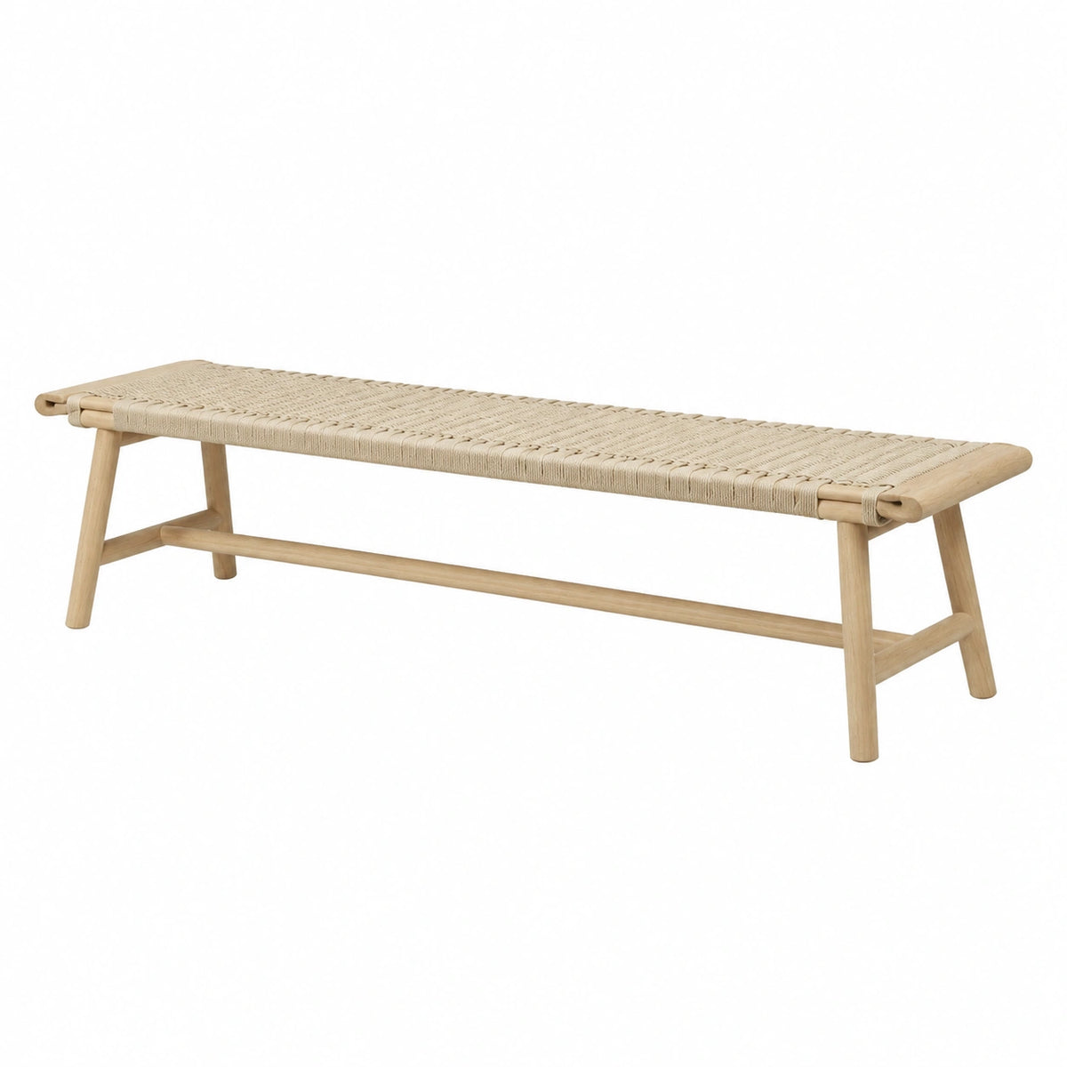 Sitzbank aus Naturholz mit geflochtener Kordelsitzfläche, Natur/Beige, 160 × 40 × 45 cm
