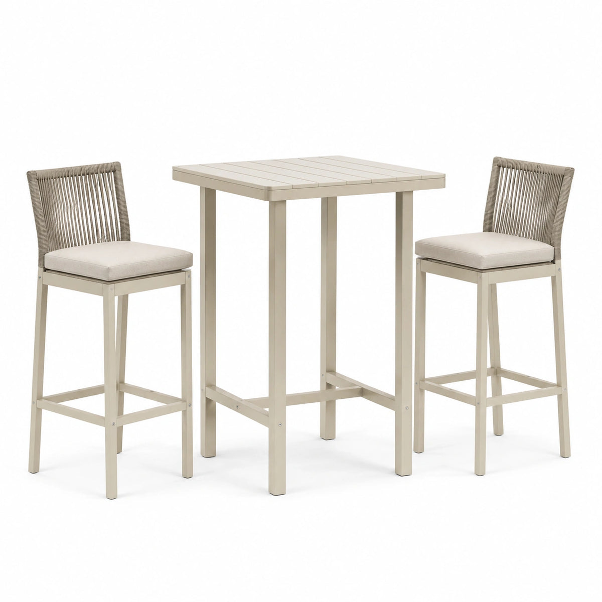 Beiges Bartisch-Set aus Aluminium mit 2 Barstühlen, 100 × 100 × 110 cm