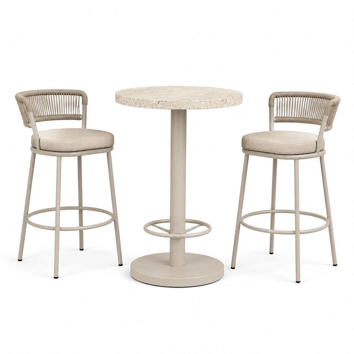 Beiges Bartisch-Set mit 2 Barhockern, Metallgestell und Steinoptik, 70 × 95 cm